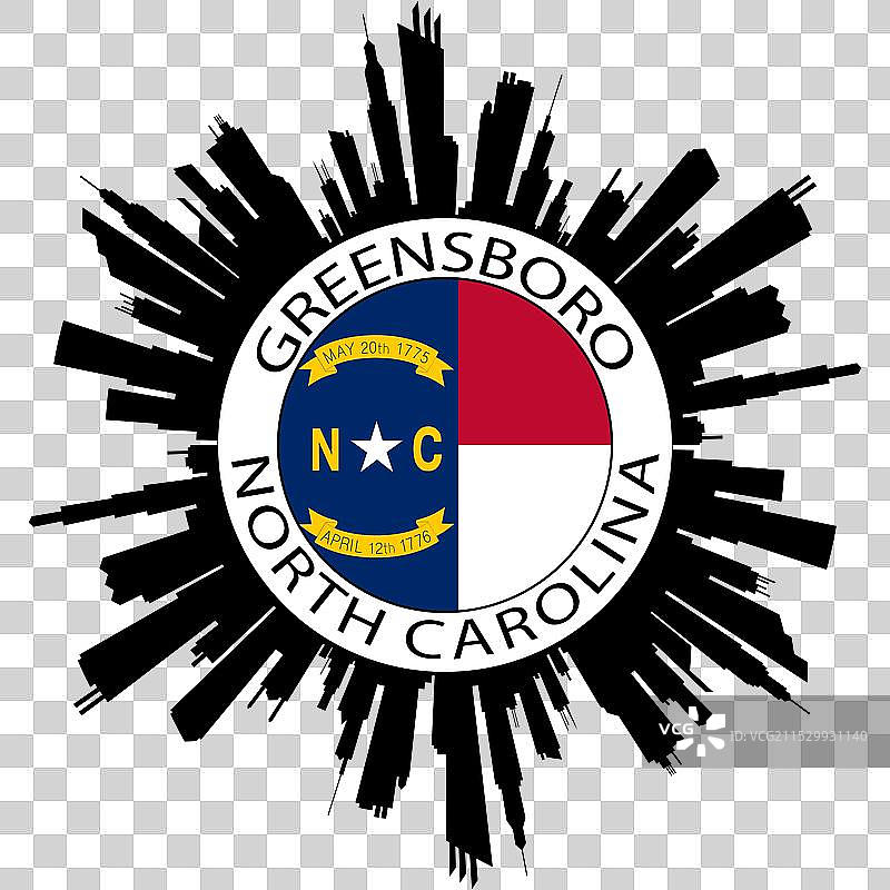 北卡罗来纳州格林斯伯勒天际线与美国国旗 旅行图片素材