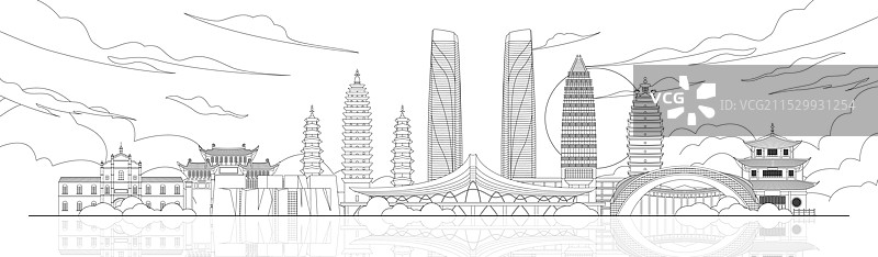 昆明城市建筑黑色线稿矢量插画图片素材