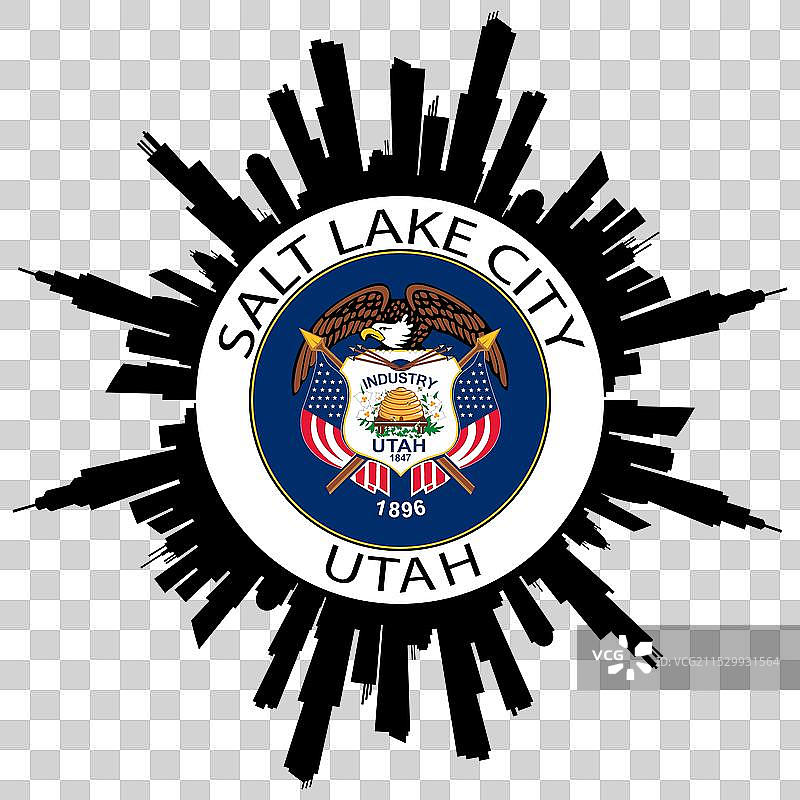 盐湖城天际线与犹他州国旗，美国旅行图片素材