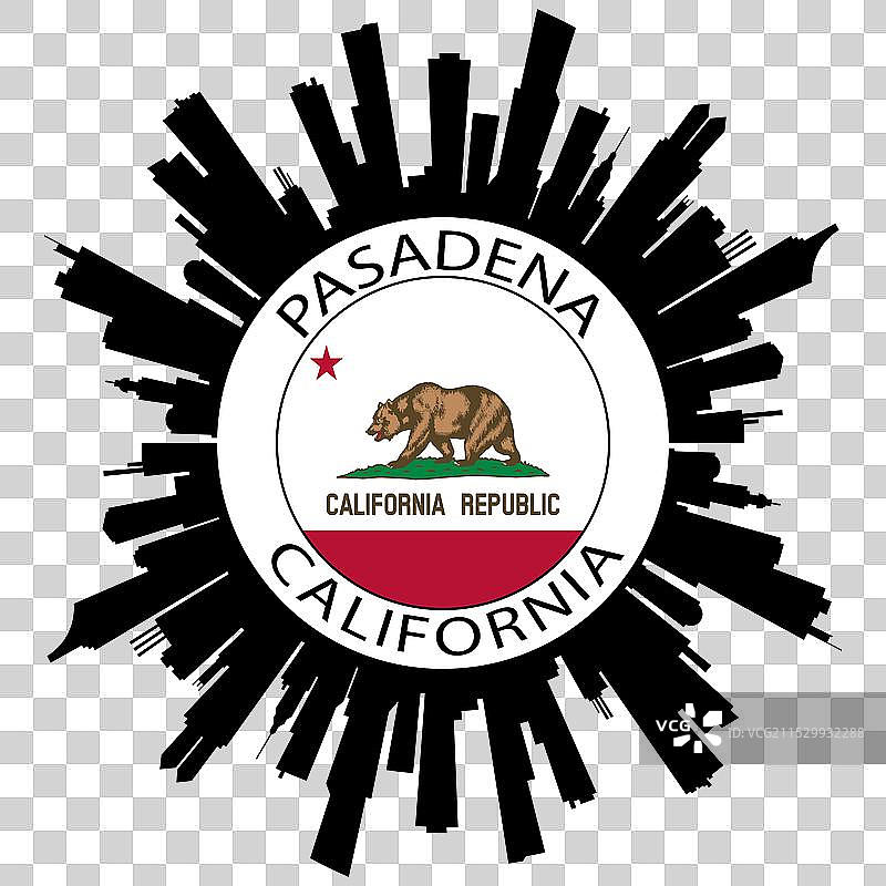 加州帕萨迪纳天际线与美国国旗旅行图片素材