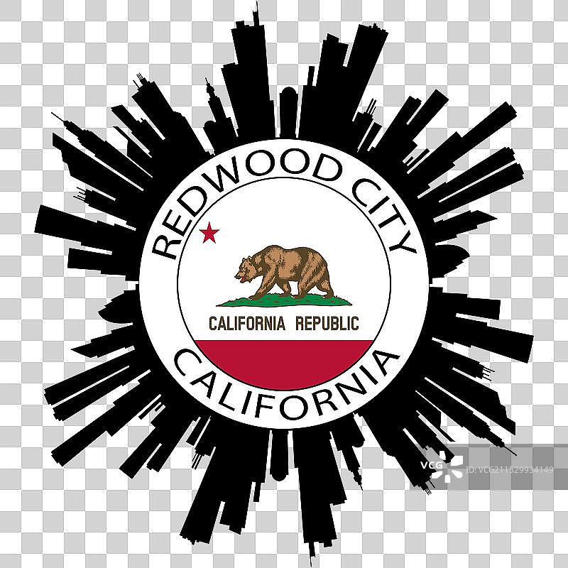 加州红木城天际线与美国国旗旅行图片素材