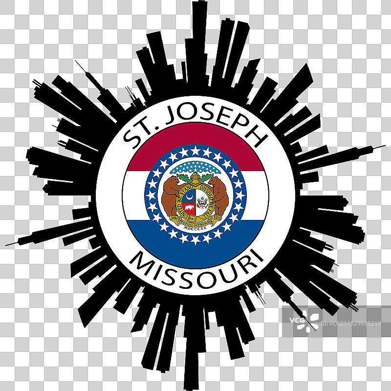 美国密苏里州圣约瑟夫天际线与国旗旅行图片素材