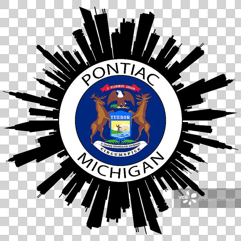 底特律的庞蒂亚克天际线与密歇根州国旗，美国旅行纪念品图片素材