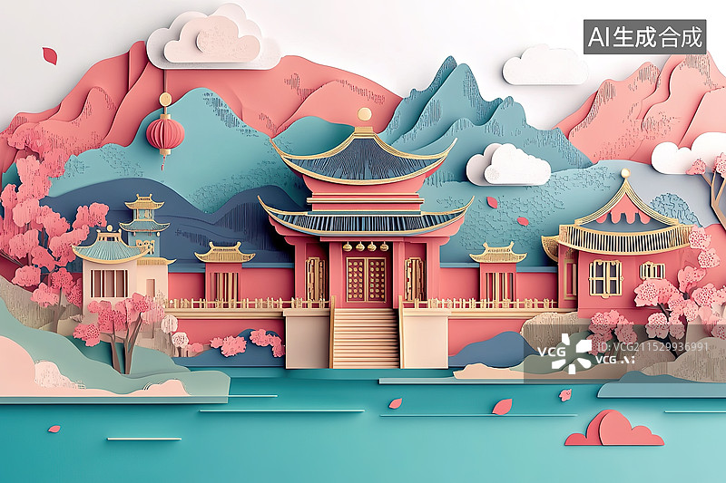 【AI数字艺术】国风剪纸风格中国古代山水建筑风景画图片素材