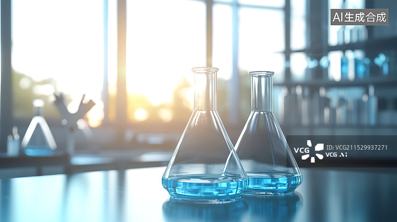 【AI数字艺术】实验室桌台上的蒸馏瓶特写图片素材