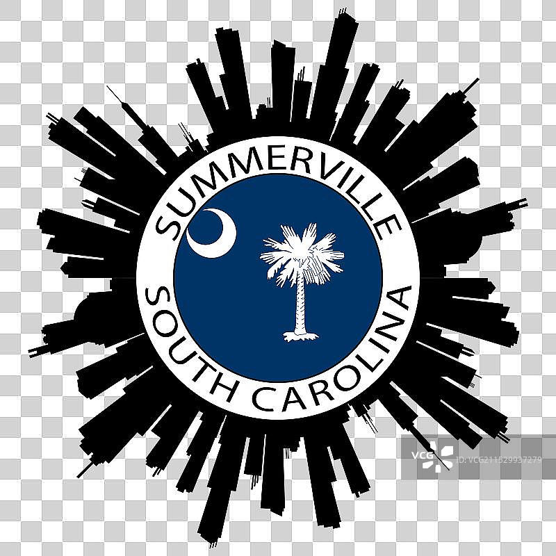 南卡罗来纳州萨默维尔天际线与美国国旗图片素材