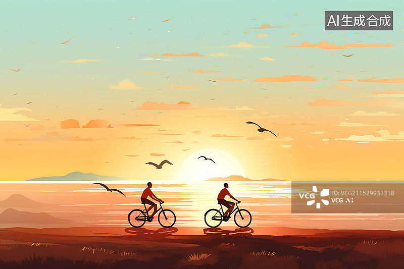 【AI数字艺术】极简风格黄昏海边小路下骑行的情侣插画图片素材
