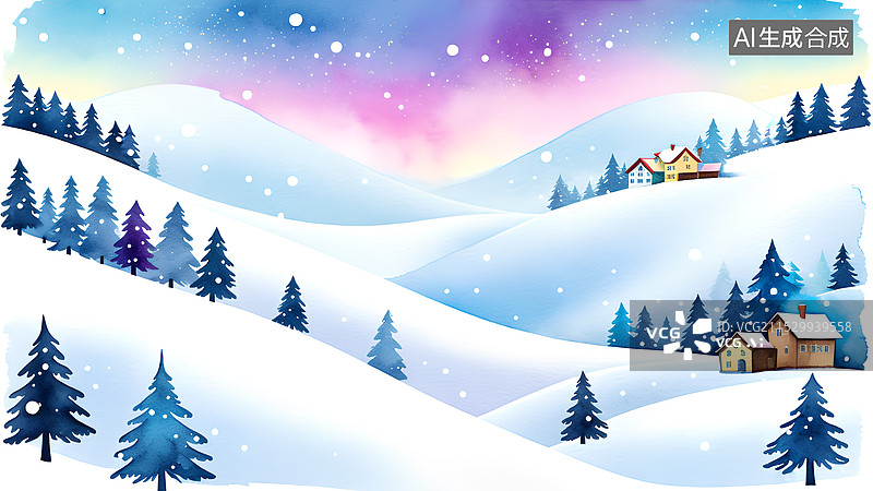 【AI数字艺术】水彩手绘风景主题插画 雪地上的房屋图片素材
