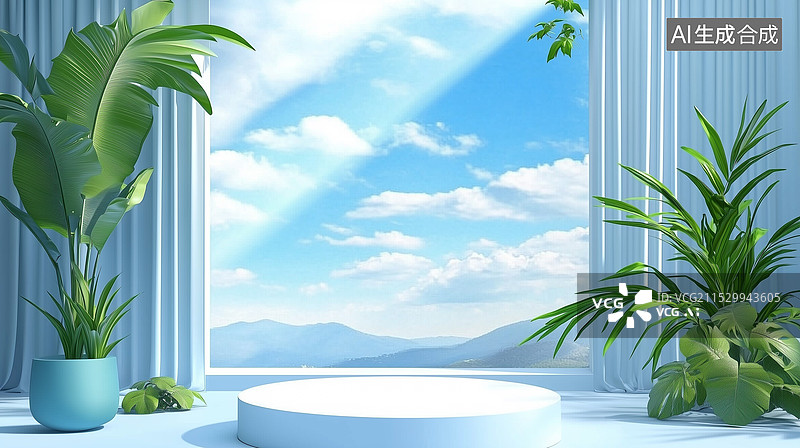 【AI数字艺术】极简蓝色现代风格室内场景图片素材