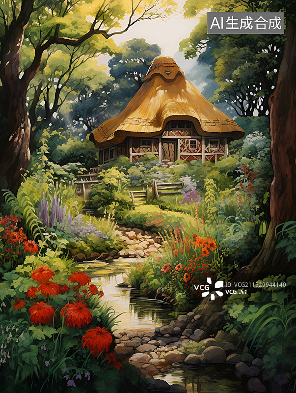 【AI数字艺术】树林中的茅草屋图片素材