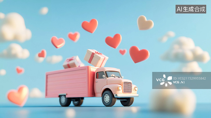 【AI数字艺术】3D渲染粉色的可爱快递运输车，购物节概念插画图片素材