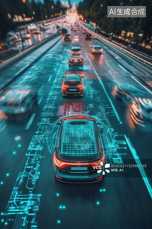 【AI数字艺术】路上行驶的无人驾驶汽车辅助自动导航图片素材