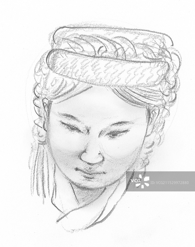 门巴族青年女性低头像铅笔素描速写人物元素插画图片素材
