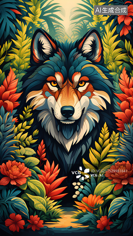 【AI数字艺术】动物主题插画 热带雨林花草丛中的狼图片素材