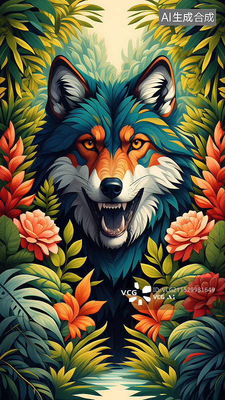 【AI数字艺术】动物主题插画 热带雨林花草丛中的狼图片素材