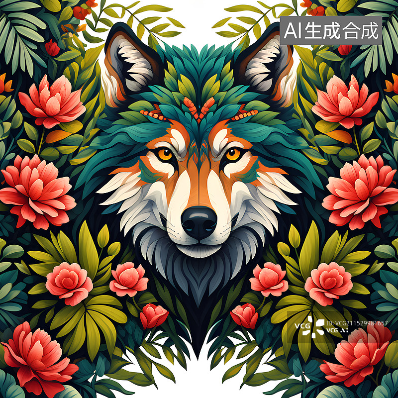 【AI数字艺术】动物主题插画 热带雨林花草丛中的狼图片素材
