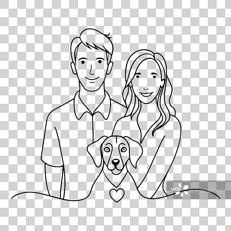 美丽的年轻情侣与一只狗的线条艺术平面图图片素材