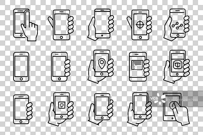 手握智能手机相关的15个图标集图片素材