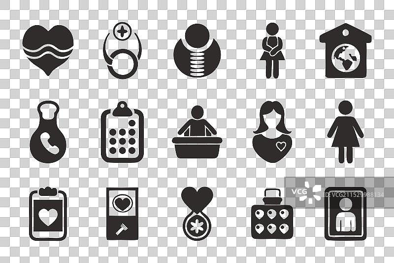 与心脏相关的怀孕黑色图标集图片素材