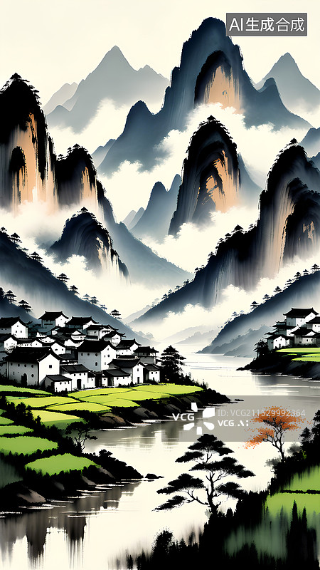 【AI数字艺术】中国水墨风景插画 山脚下河边的乡村图片素材