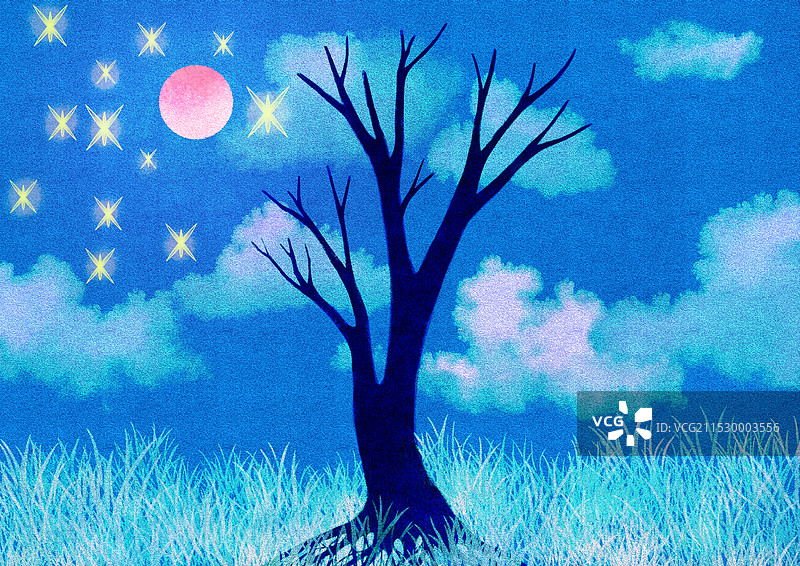 蓝色夜空下一颗枯树图片素材