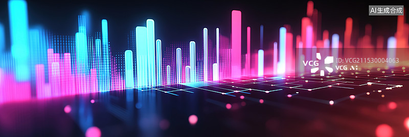 【AI数字艺术】霓虹灯赛博朋克风格紫色金融投资柱状图的三维渲染透明城市建筑留白空间汽车广告科技投资经济背景图片素材