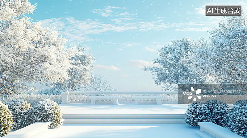 【AI数字艺术】现代家庭露台帐篷在后花园景观中的三维渲染冬日暖阳雪景背景放松旅游度假植物自然森林围绕图片素材