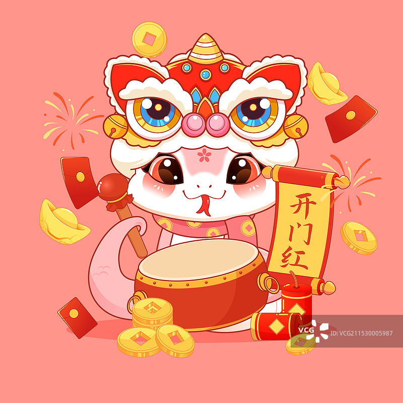 国潮风2025蛇年十二生肖巳蛇卡通形象矢量插画图片素材