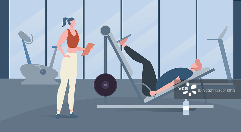 女性私人教练指导女性进行腿部训练图片素材