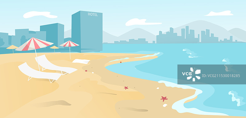 城市海滩场景，配有躺椅和伞图片素材