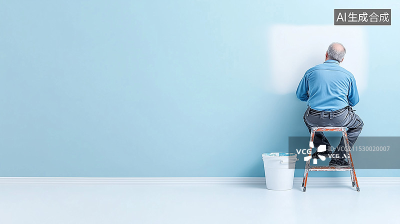 【AI数字艺术】穿蓝色衬衫的男子正在用滚筒刷粉刷白墙，极简家装概念，高分辨率摄影图片素材