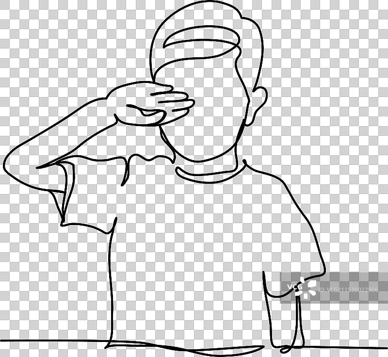 一个小男孩在哭泣，画面由一条连续的线勾勒而成。图片素材