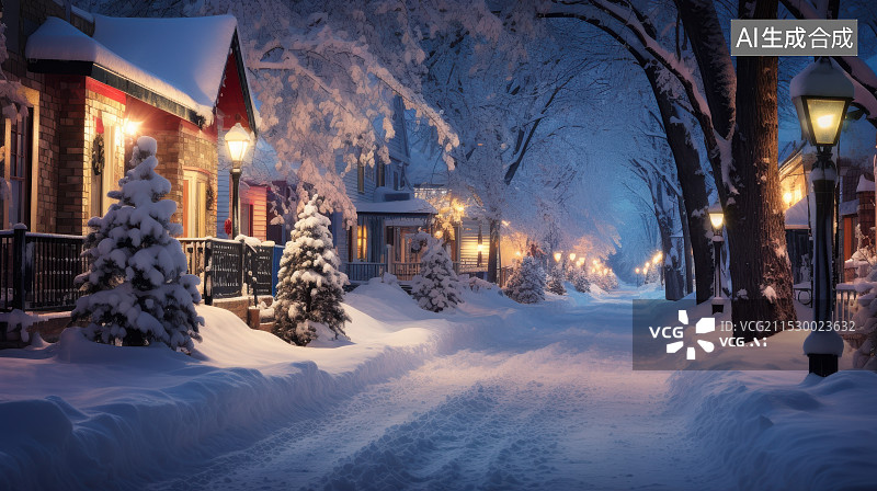 【AI数字艺术】冬天下雪的欧美风格城市城镇街道插画图片素材
