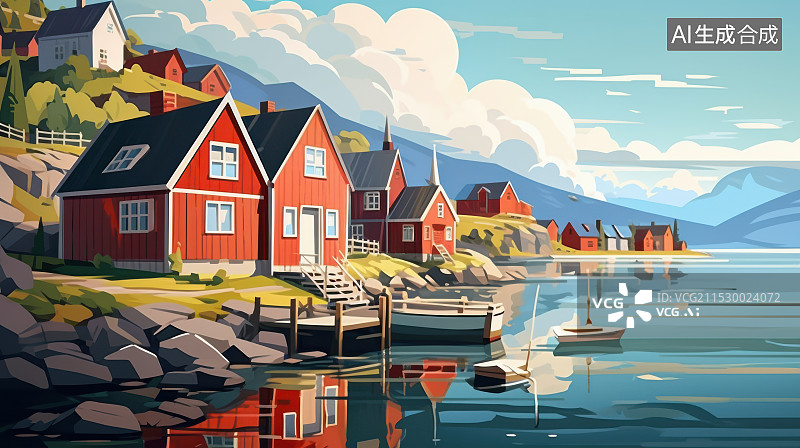 【AI数字艺术】河边的港口小镇插画图片素材