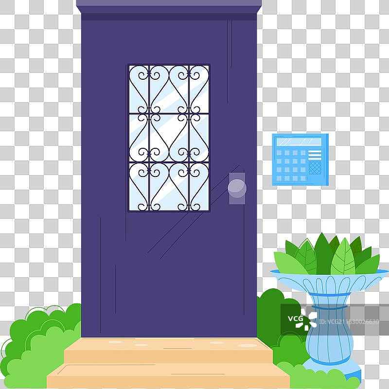 紫色前门配有装饰性窗户植物图片素材
