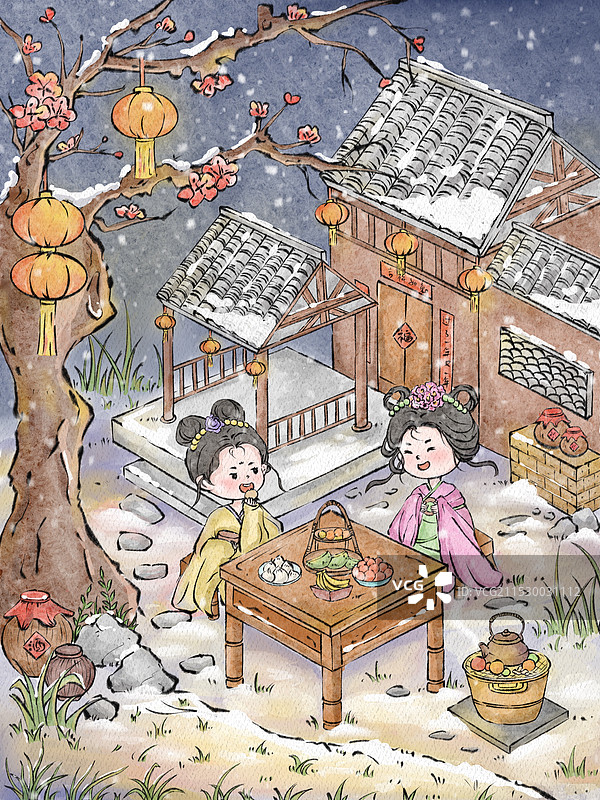 雪天晚上在院子里跟姐妹一起围炉煮茶吧图片素材