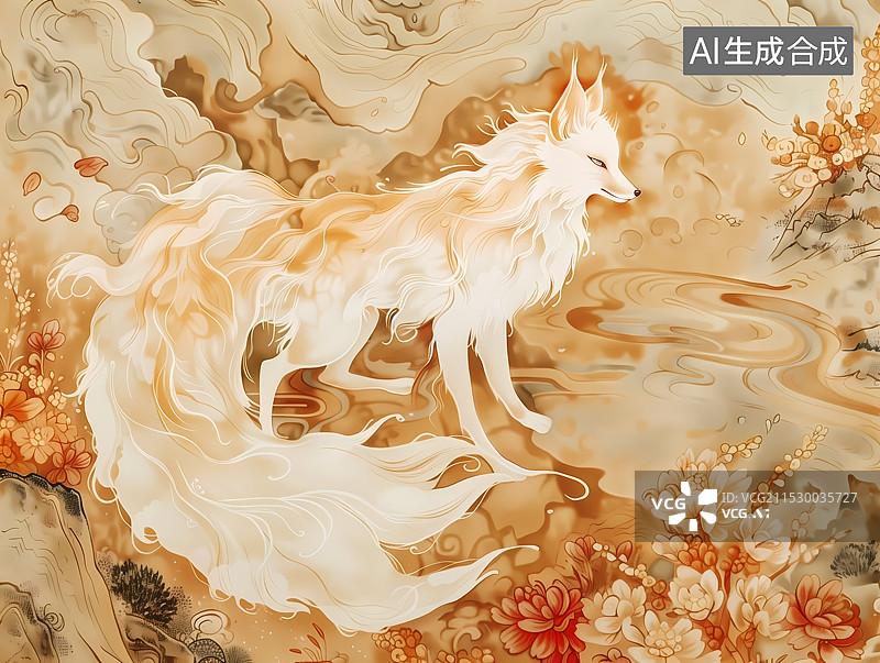 【AI数字艺术】中国风九尾狐插画图片素材
