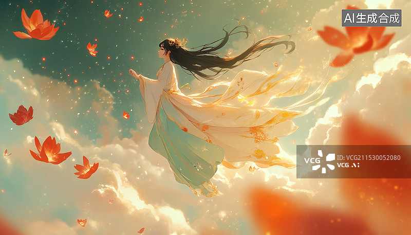 【AI数字艺术】一位身穿白色长裙的女性，她站在云端，背景是绚丽的日落天空。她的头发和衣摆随风飘扬，营造出一种梦幻图片素材
