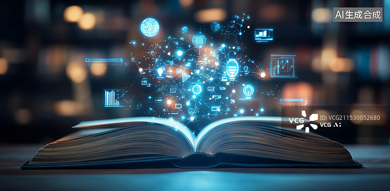 【AI数字艺术】一本打开的书，书页上漂浮着一些图标和符号，形成了一个复杂的网络图谱。这些图标代表了不同的知识领域图片素材