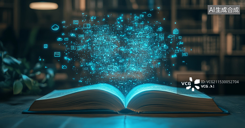 【AI数字艺术】一本打开的书，书页上漂浮着一些图标和符号，形成了一个复杂的网络图谱。这些图标代表了不同的知识领域图片素材
