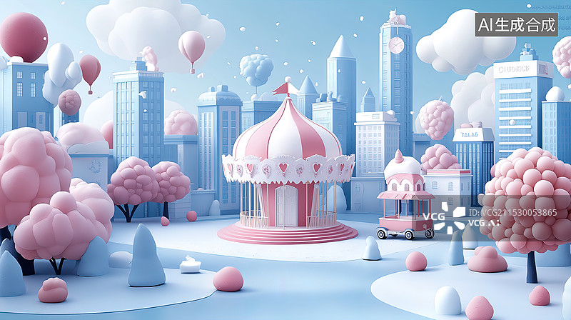 【AI数字艺术】梦幻般的蓝粉色城市图片素材