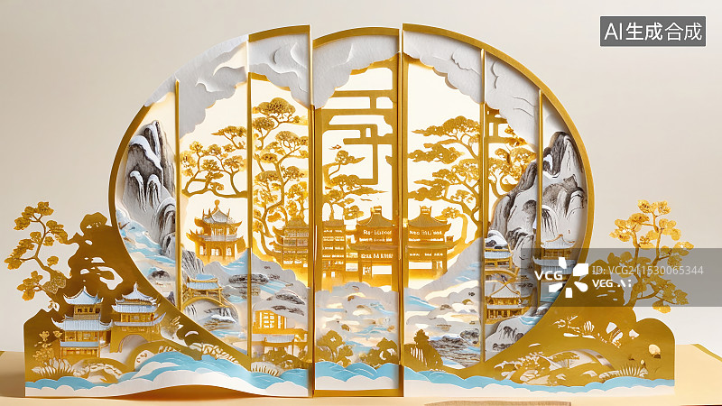 【AI数字艺术】屏风和金色的古建筑图片素材