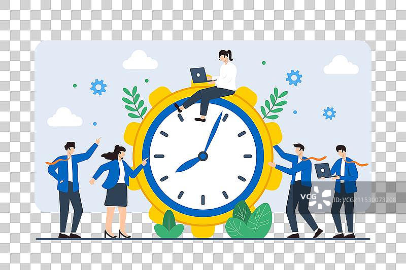 同事们与巨大的钟表齿轮平面图图片素材
