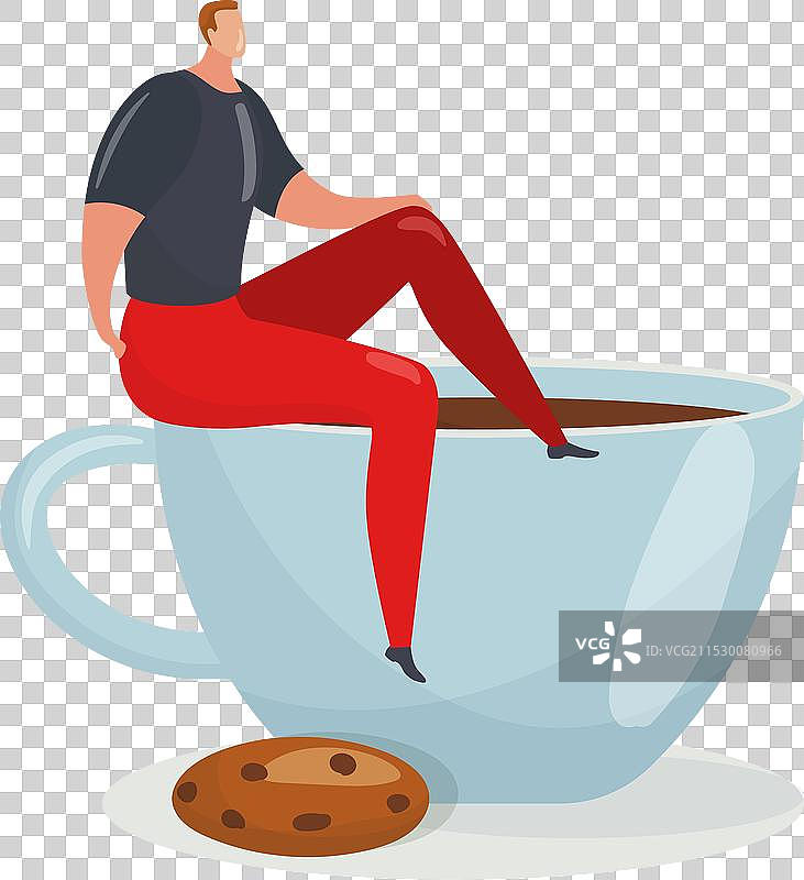 卡通人物坐在巨大的咖啡杯边缘图片素材