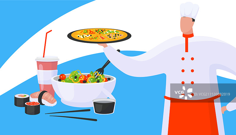 厨师手持东方和意大利风味的比萨概念图片素材