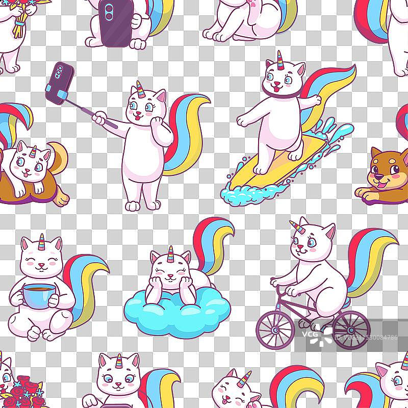 卡通独角兽猫角色无缝图案图片素材