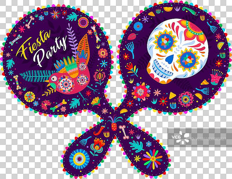 墨西哥庆典派对海报，配有沙锤和骷髅图片素材