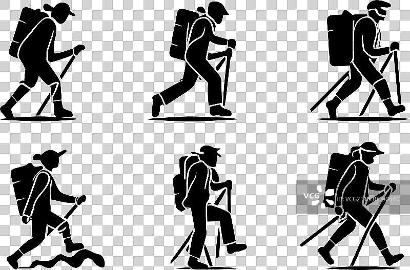 户外徒步旅行者剪影图标集图片素材