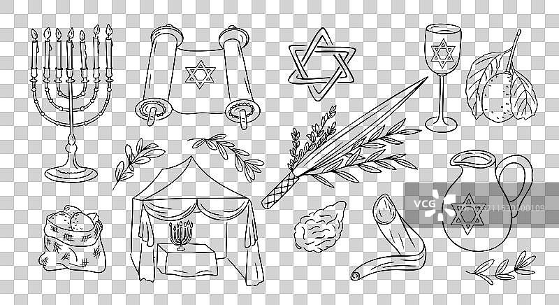 苏克特节假日涂鸦套装单色轮廓图片素材