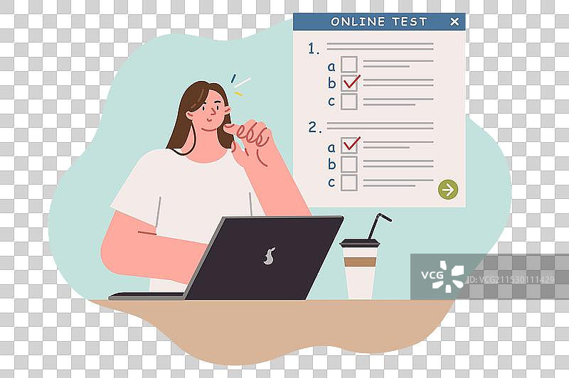 女学生坐在桌子旁参加在线考试图片素材